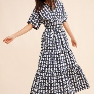 Anthropologie Navy and White Patterned Maxi Dress